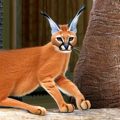 Image similar to a caracal playing with a pc, photorealistic, 8 k, ultra detailed