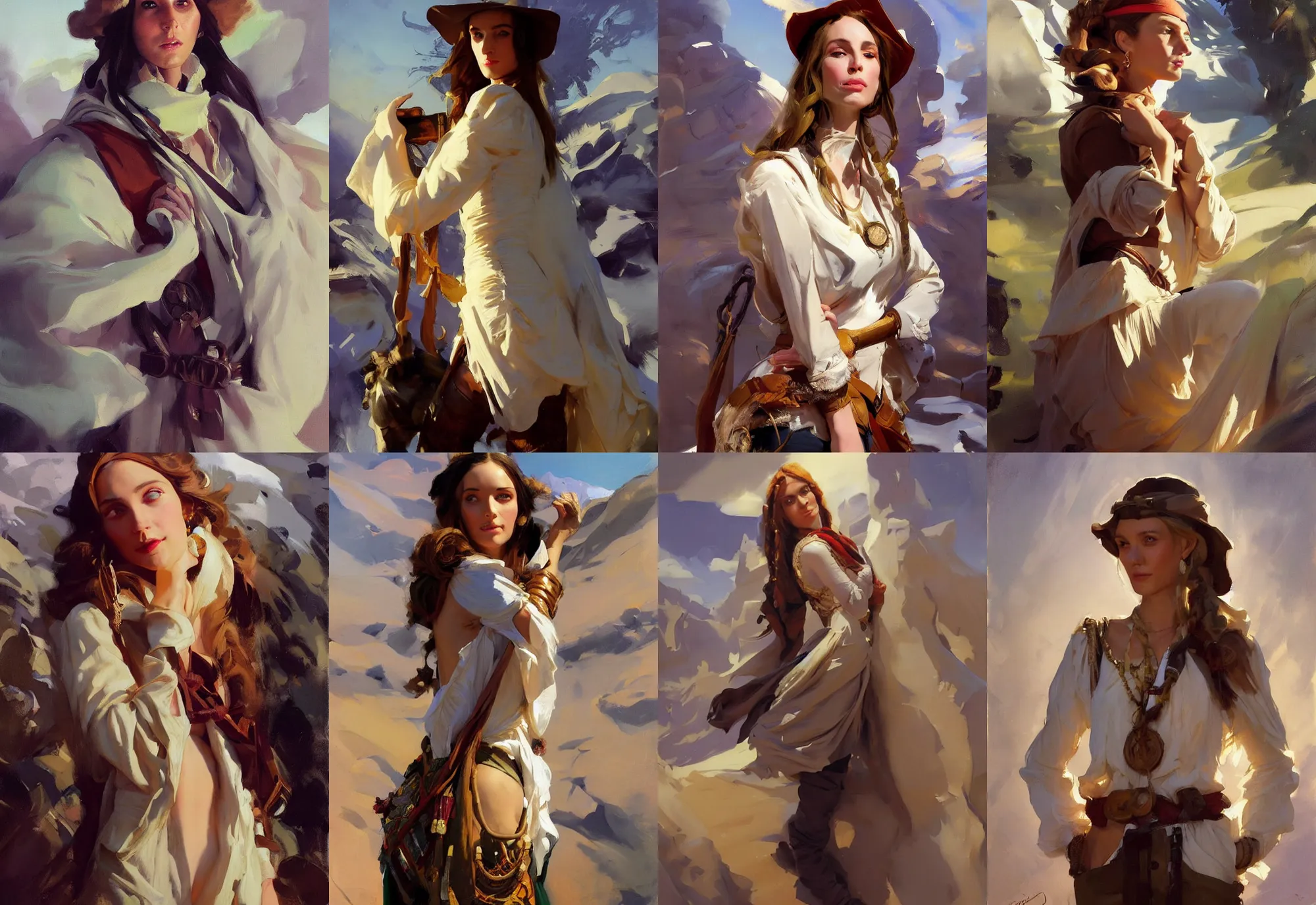 Prompt: portrait of hippie model girl jodhpurs hyperborea winter traveler treasure hunter greg manchess painting by sargent and leyendecker, fantasy, medium shot, asymmetrical, intricate, elegant, matte painting, illustration, hearthstone, by rhads, by greg rutkowski, by greg tocchini, by james gilleard, by joe fenton