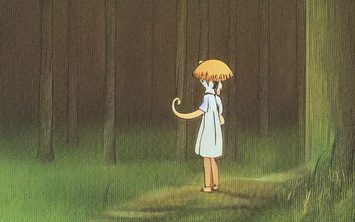 Prompt: a girl holding an umbrella with her large pet capybara walking through the forest, raining, side view, shot from the side, art by hayao miyazaki, studio ghibli film, 4k, hi res, high detail