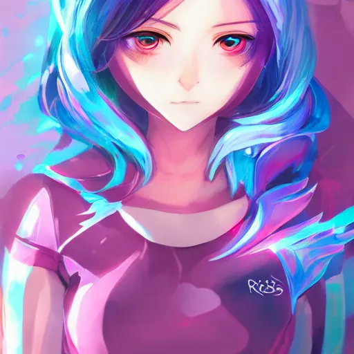 Image similar to digital anime art!!, gamer girl! bedroom sleeping on desk!!, rainbow eyes, rainbow hair, iterations = 5 0 0 0, wlop, rossdraws, artgerm, ross tran