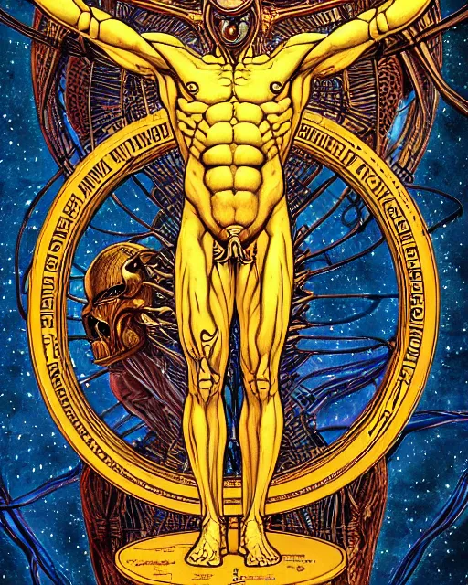Image similar to space xenomorph as vitruvian man by james jean and moebius, ultra wide angle, full body, no crop, golden ratio, hyper details