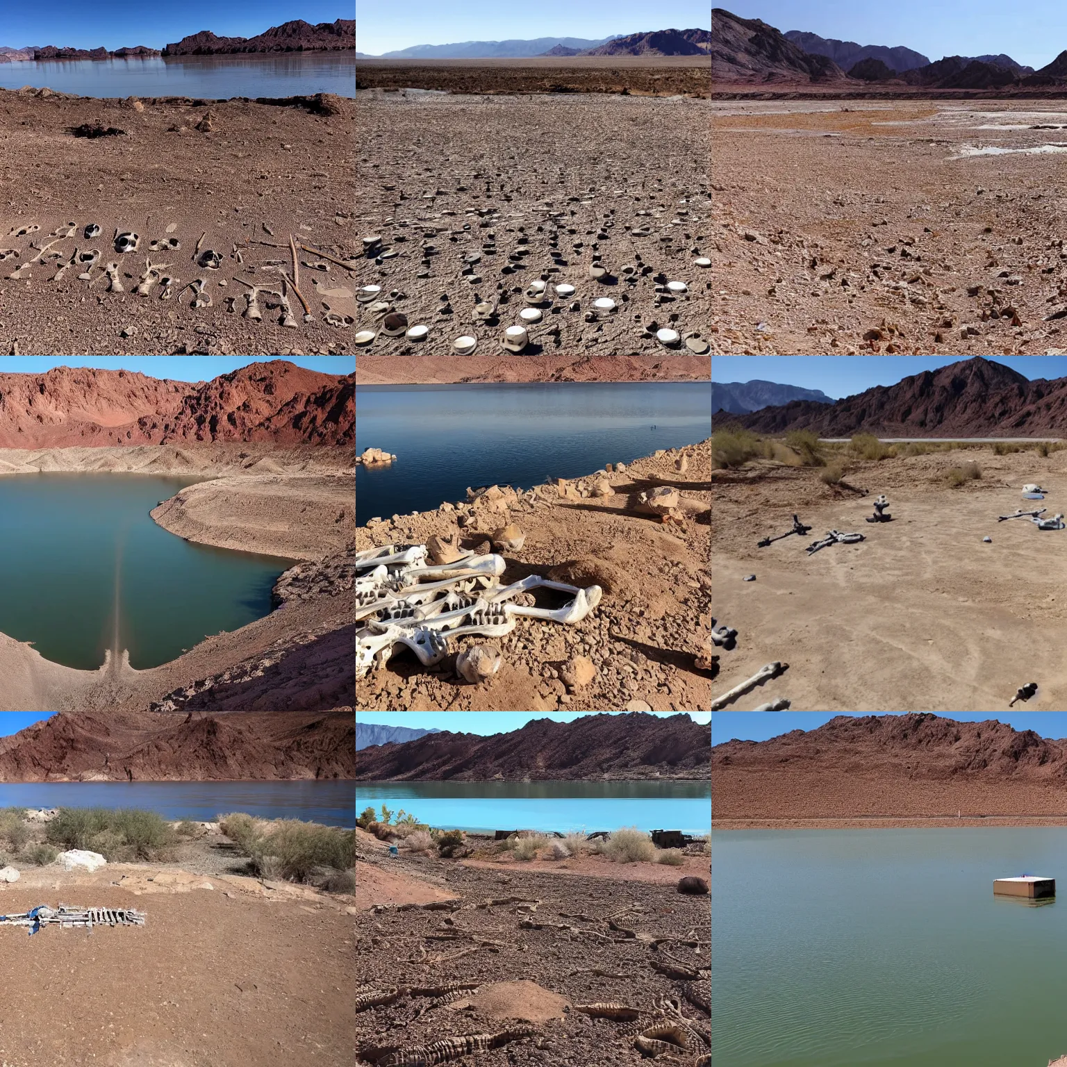 Prompt: photo of empty Lake Mead with human skeletons and skulls partially buried in the ground