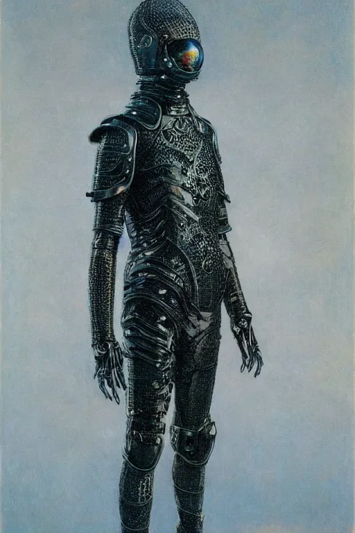 Image similar to full body portrait of beautiful gothic and futuristic fashion model, intriguing space armour, cyber armour, highly detailed, artstation, illustration, composition, 8 k quality, art by jean delville, rene magritte, hyperrealism oil painting