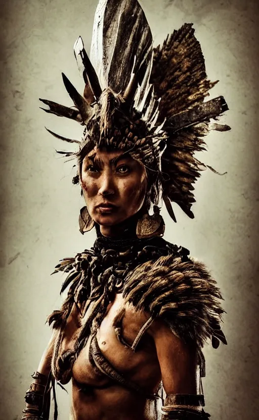 Image similar to fight portrait ancient shaman tribeswoman in battlerage, destroyed armor inspired by monster hunter, low shot, muscular body, symmetrical face, clean face, subtle make up, destruction around her, frozen time,dramatic lighting, cinematic, establishing shot, extremely high detail, photorealistic, 300 the movie,monster hunter the movie, dune the movie, cinematic lighting, artstation, octane render, western,old photo, vintage