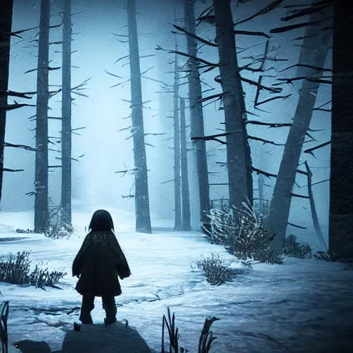 Image similar to in the long past, a alone child, alone in the darside, cold place, mother of witchers, shaodws coming, spirits in the dark, real atmosphere, forest decor