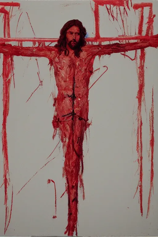 Prompt: red bloody jesus christ crucified painted by cy twombly and andy warhol,