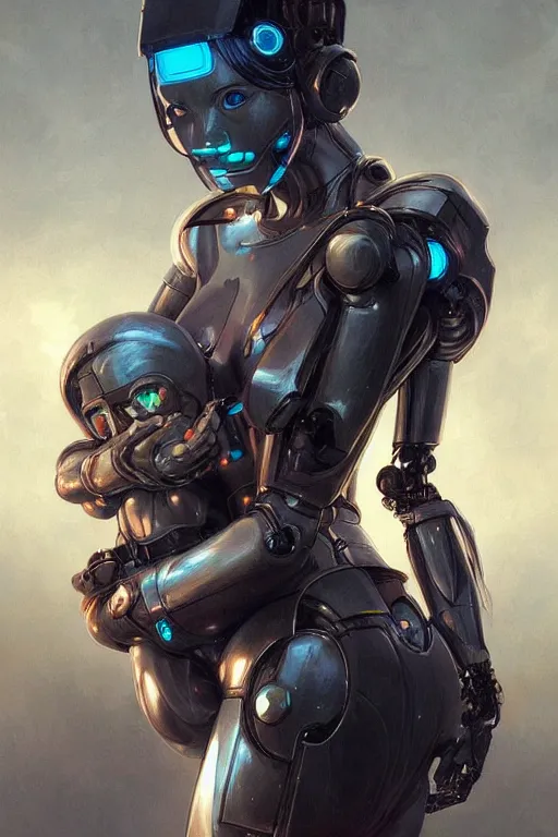 Image similar to ultra realistic illustration, robot woman carrying a baby + face, cyberpunk, sci - fi, fantasy, intricate, elegant, highly detailed, digital painting, artstation, concept art, smooth, sharp focus, illustration, art by artgerm and greg rutkowski and alphonse mucha