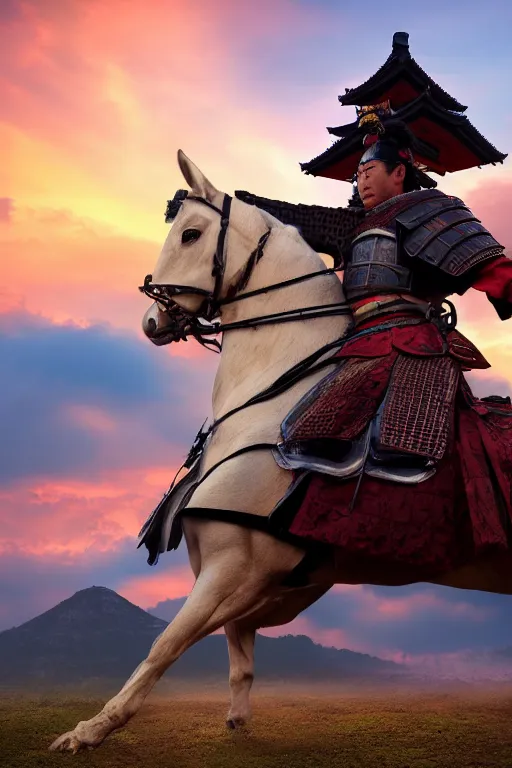 Image similar to highly detailed samurai warlord on a horse, atmospheric background, Japanese castle on background, sunset light, natural volumetric lighting, Toshiro Mifune, 8k,