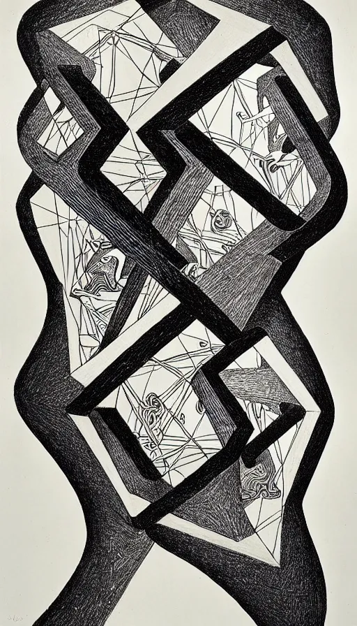 Prompt: M. C. Escher's mind drawn by M. C. Escher, gold paint, ink