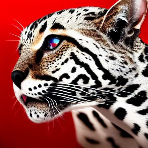 Image similar to profile shot of a black and red ocelot, dramatic, cinematic, high contrast, octane render, abstract, 4k