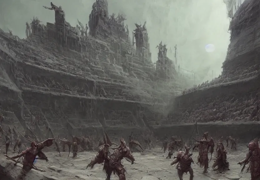 Image similar to ancient arena, surrounded by gladiators, gritty, beksinski, wayne barlowe, ruan jia, dark soul concept art, the hobbit concept art