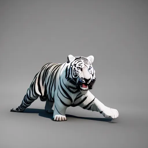 Image similar to a low - poly render of a white tiger in a dynamic action pose dwelling in the spirit realm, low poly 3 d, octane render, dramatic dreamlike lighting, all white render, no textures, angular energetic background elements, angular dynamic white rock floor