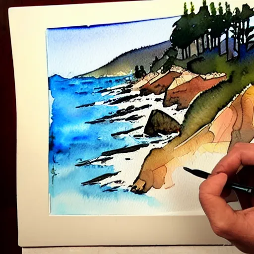 Image similar to a beautiful watercolor and pen painting of the california coastline