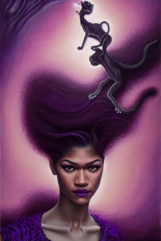 Prompt: zendaya with wavy dark purple hair coming out of the abyss with a panther, ultrafine hyperrealistic fantasy oil painting, art by ida outhwaite and loish, dreamy, surreal, trending on artstation, dungeons and dragons, intricate linework, sharp focus, smooth, unreal engine, dramatic lighting, 8 k,