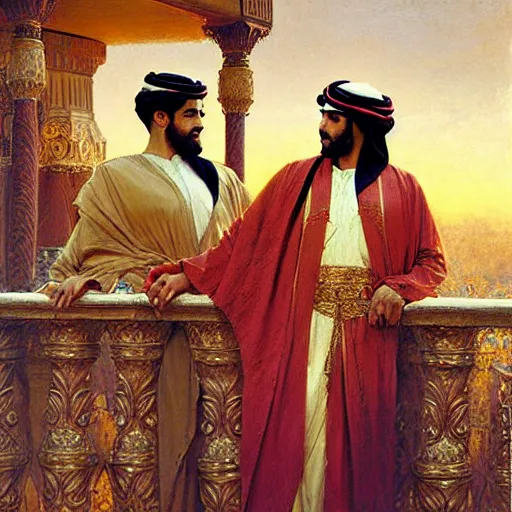 Prompt: attractive arab king confesses his love for his attractive male prince, in a balcony the palace, above river. highly detailed painting by gaston bussiere, craig mullins, j. c. leyendecker