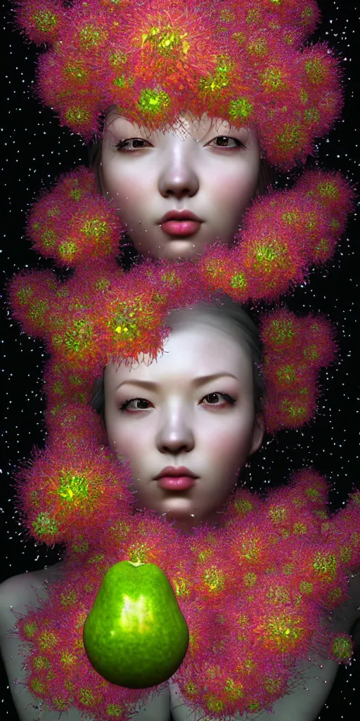 Image similar to hyper detailed 3d render like a Oil painting - kawaii Aurora (Singer) Eats of the juicy Strangling Fruit and Her gossamer polyp blossoms bring iridescent fungal flowers whose spores black the foolish stars by Jacek Yerka, Mariusz Lewandowski, Houdini algorithmic generative render, Abstract brush strokes, Masterpiece, Edward Hopper and James Gilleard, Zdzislaw Beksinski, Mark Ryden, Wolfgang Lettl, hints of Yayoi Kasuma, octane render, 8k