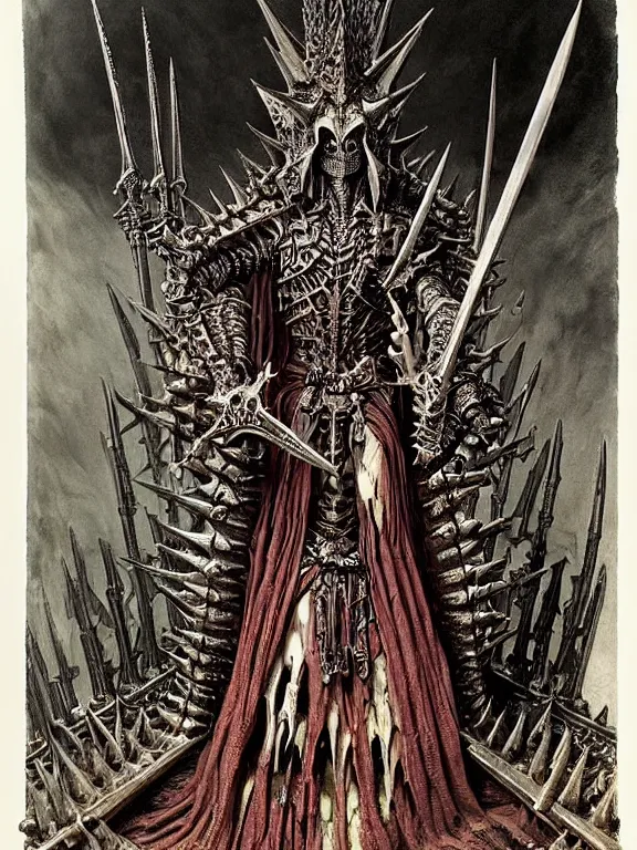 Prompt: A little vibrant. A spiked horned detailed semiork skeleton with armored joints stands in a large cavernous throne room with sword in hand. Wearing massive shoulderplates, cloak. Extremely high details, realistic, fantasy art, solo, masterpiece, bones, ripped flesh, colorful art by Zdzisław Beksiński, Arthur Rackham, Dariusz Zawadzki, Harry Clarke