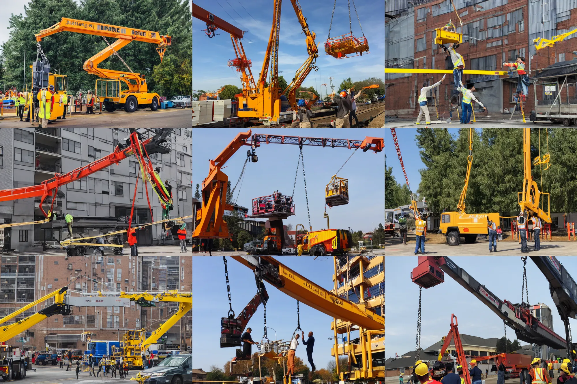 Prompt: hoisting crane grabs a person from the line going to the store