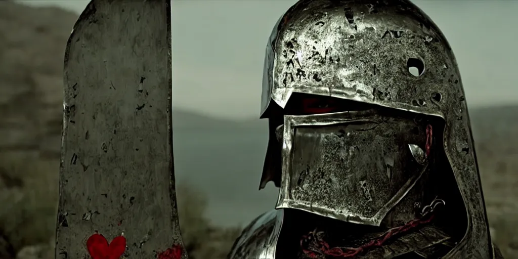 Prompt: film still of closeup the knight in shattered armor holds a bleeding heart by emmanuel lubezki