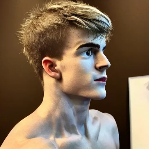 Image similar to a realistic detailed photo of a guy who is an attractive humanoid who is half robot and half humanoid, who is a male android, twitch streamer ninja tyler blevins, shiny skin, posing like a statue, blank stare, in a living room, on display, showing off his muscles