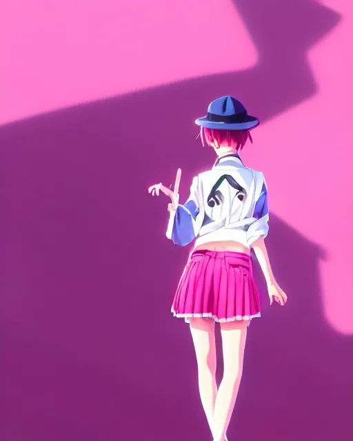 Prompt: anime style, vivid, expressive, full body, 4 k, painting, a cute magical girl with a short pink hair, pink fedora hat and pink jacket, stunning, realistic light and shadow effects, centered, simple background, studio ghibly makoto shinkai yuji yamaguchi