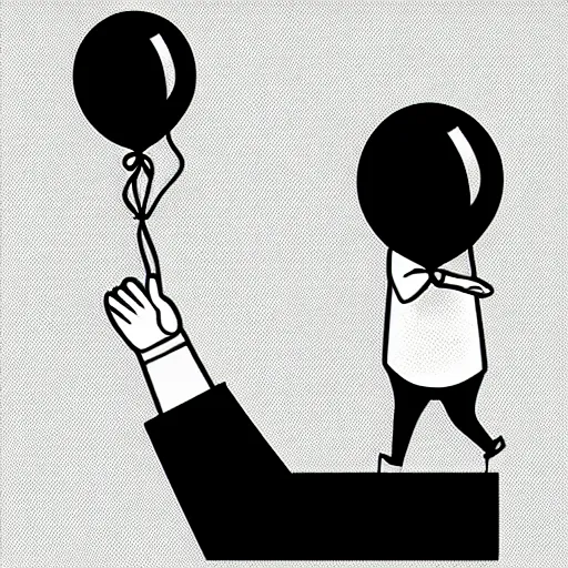 Image similar to book illustration of a balloon character holding a floating human by a string, book illustration, monochromatic, white background, black and white image