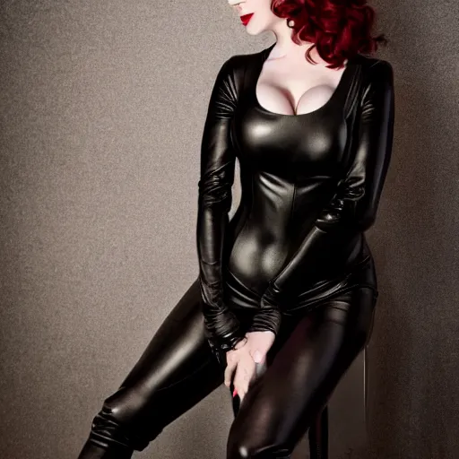 Prompt: Fully-clothed full-body portrait of Christina Hendricks as catwoman with eyes covered, leather thigh-high boots, XF IQ4, 50mm, F1.4, studio lighting, professional, 8K