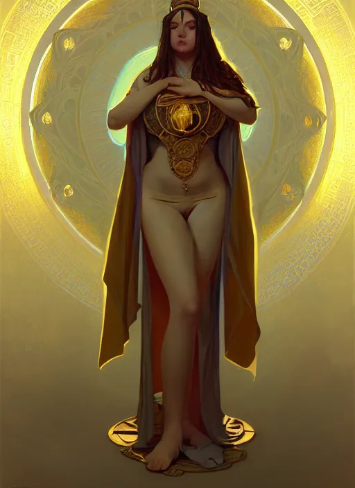 Prompt: portrait of a full body of curvy young female solarpunk priestess in byzantine robes, fantasy, flat lighting, intricate, highly detailed, digital painting, artstation, concept art, smooth, sharp focus, illustration, art by simon bisley and greg rutkowski and alphonse mucha, natural tpose