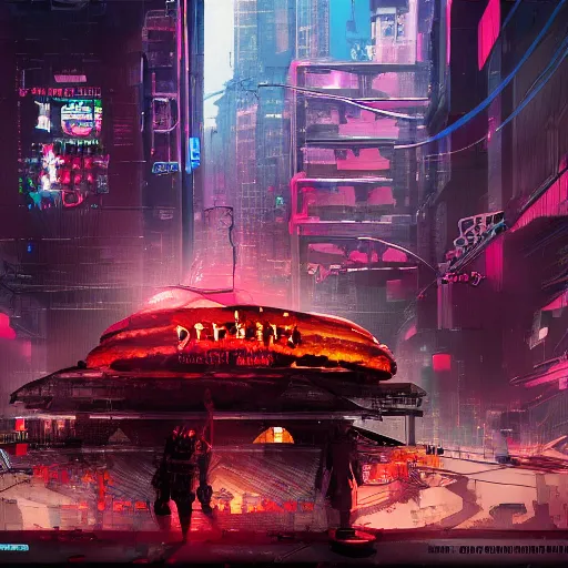 Image similar to cyberpunk, death burger, artstation