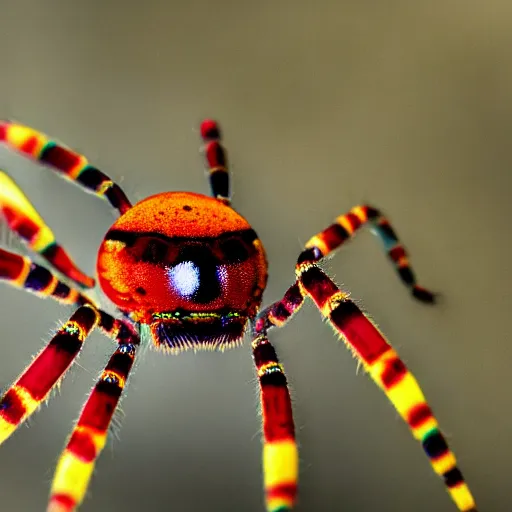 Prompt: a macroshot of a rainbow coloured spider with hundreds of legs and one large eye.