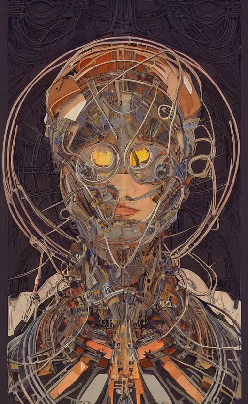 Prompt: upper half portrait of army mecha robot - wires and vines as design borders, art by alphonse mucha, highly detailed, digital painting, concept art, illustration, smooth sharp focus, intricate, symmetry, artstation, colourful,