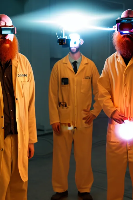 Image similar to a person with 3 eyes, person with a 3rd eye in the middle of their forehead, an awkwardly tall scientist with 3 eyes and a tangled beard and unruly red hair atop his balding head wearing a headlamp a labcoat and welding goggles and holding a beaker, led headlamp, high resolution film still, movie by Ivan Reitman