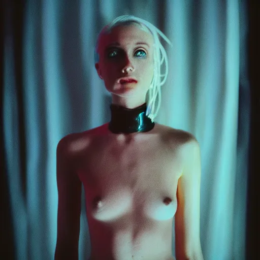 Image similar to Portrait photo of a cyberpunk woman, studio lighting, highly detailed, cinestill 800t