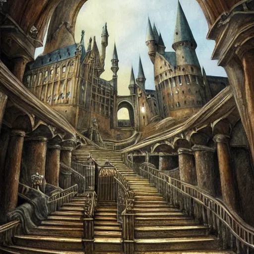 Prompt: hogwarts grand staircase, a detailed matte painting by anton pieck, deviantart contest winner, fantasy art, concept art, official art, matte drawing