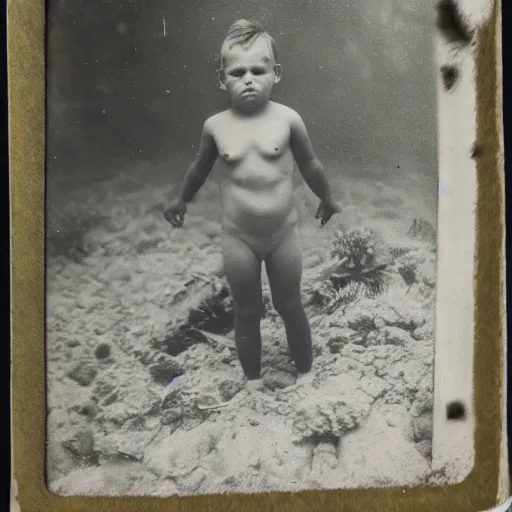 Image similar to tintype photo, swimming deep underwater, kid with huge centipedes