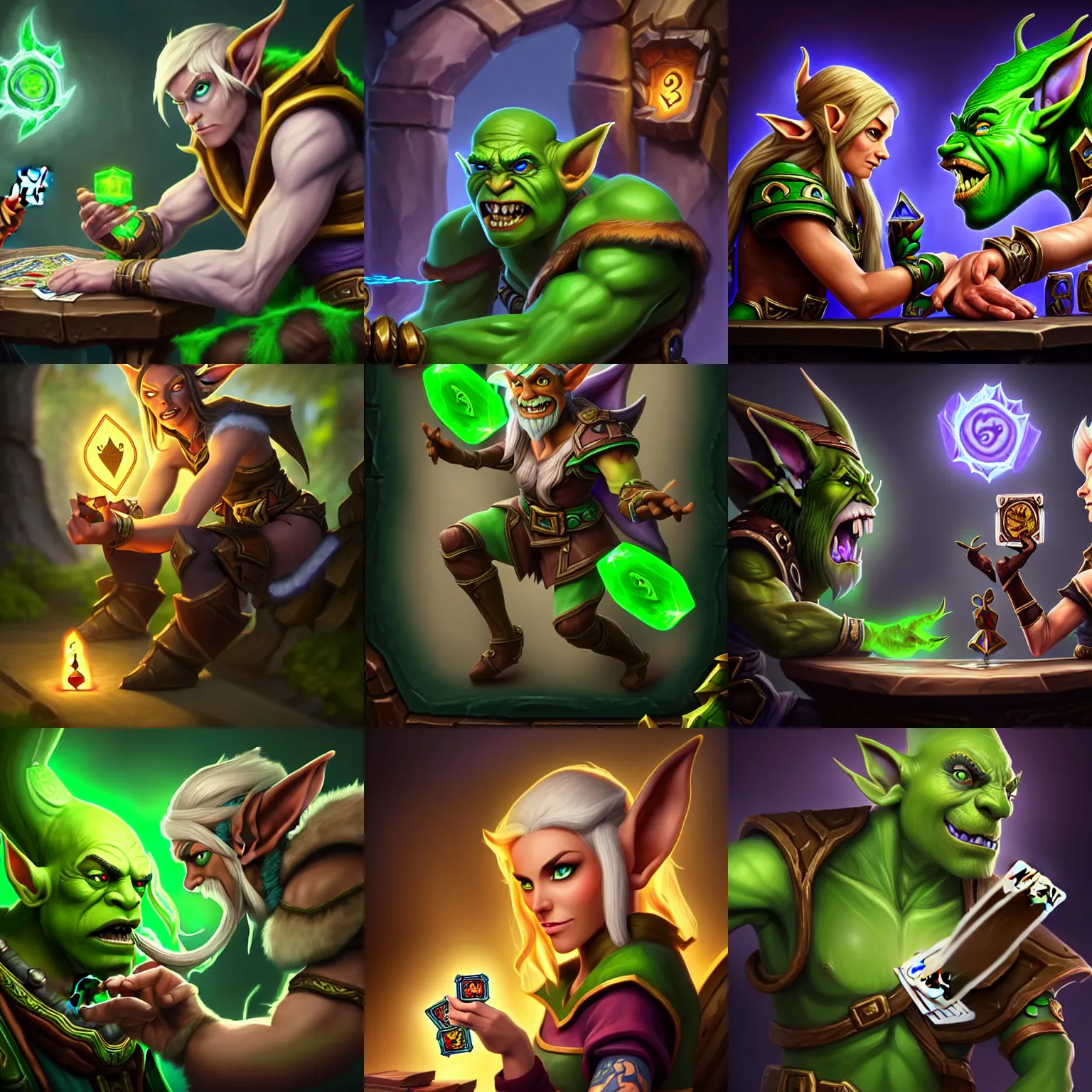 Prompt: Full body Hearthstone official professional art, with realistic beautiful face & eyes. A elf playing cards game with a green orc. Insanely coherent and well drawned physical body parts. Full body, sharp focus, 8k high definition, insanely detailed, intricate, elegant, smooth, sharp focus, ArtStation. Very detailed hands with 5 coherent fingers.