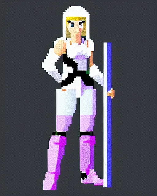 Image similar to a pixel single sprite of a girl holding a blue sword, in white futuristic armor, black background, pixel art, isometric view, 1 6 px x 1 6 px, 2 d game art, 1 6 bit, dynamic pose, # pixelart