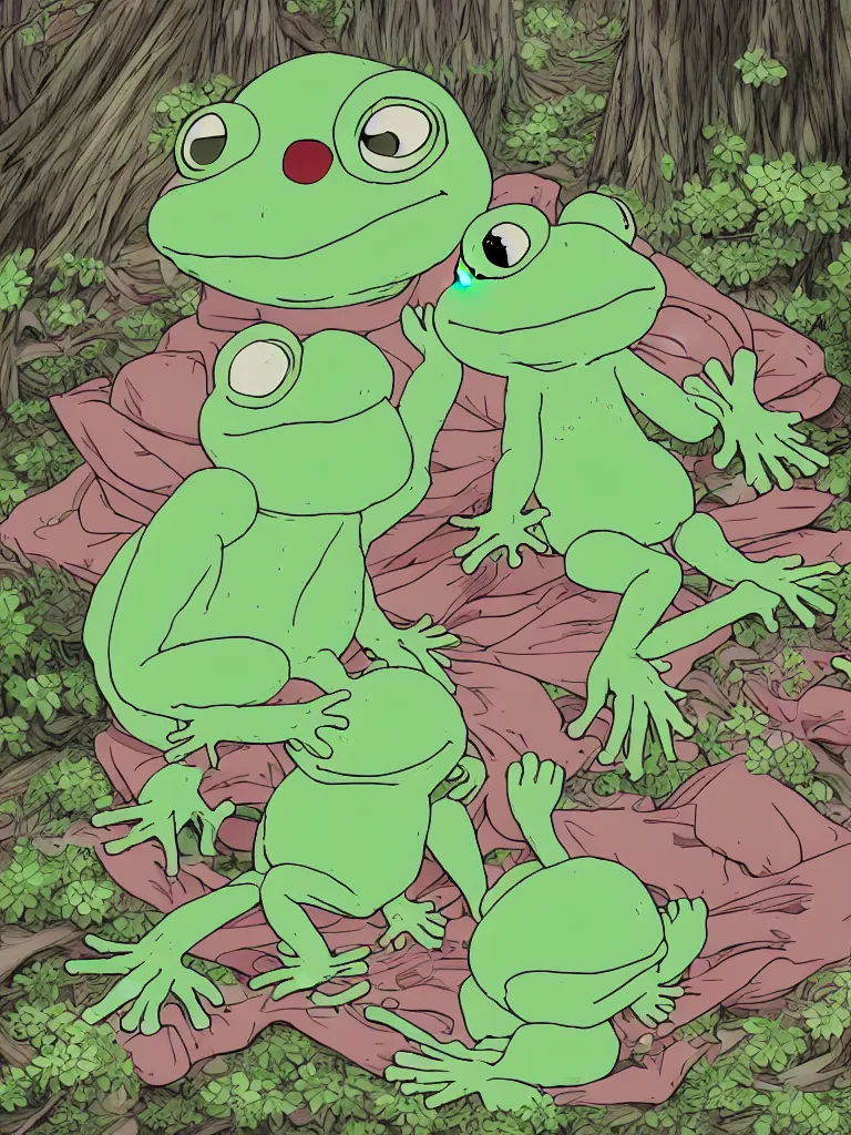 Prompt: resolution 4k happiness of pepe love and family worlds of Akihito Tsukushi made in abyss design ivory dream like storybooks and rhyes wandering in a dark esoteric forest forest pepe the frog happy eating the flesh of other pepes gore blood unrelenting suffering wholesome soft and warm primordial the value of love a clear prismatic sky, red woods Canopy love, warm ,Luminism, pepe the frog , art in the style of Tony DiTerlizzi , Francisco de Goya and Akihito Tsukushi and Arnold Lobel