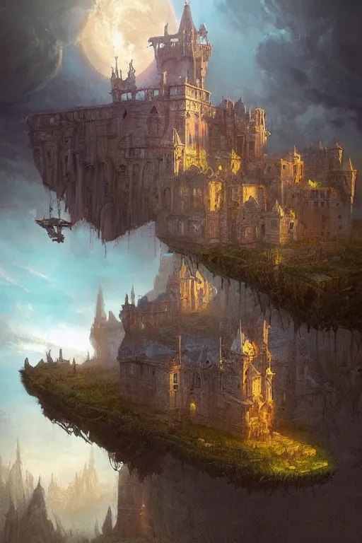 Prompt: a painting of a city castle floating in the air, flying island, levitating citadel, a matte painting by marc simonetti, deviantart, fantasy art, lush world above an apocalypse landscape, matte painting, apocalypse utopia art