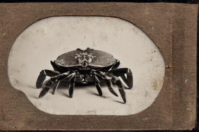 Prompt: a tintype photo of a cross between a crab and a goat