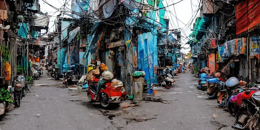 Image similar to alleyway vietnam hot summer day in the style of a comic book