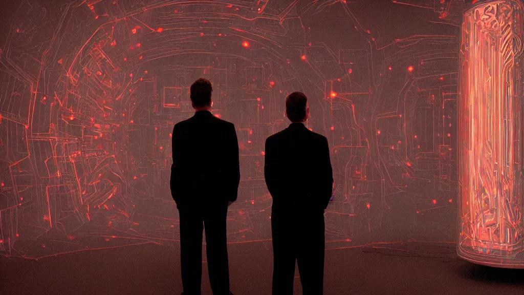 Image similar to movie scene of a man standing in front of a multiverse machine, movie still, cinematic composition, cinematic light, pastel color scheme, by David Lynch