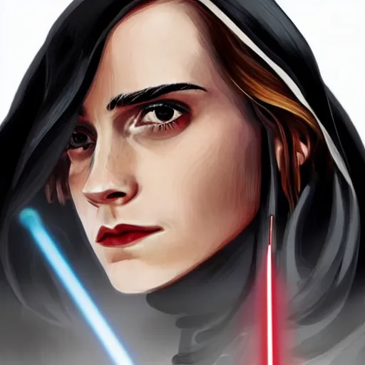 Prompt: emma watson as a sith lord with a cloak and a lightsaber, commissioned fan art