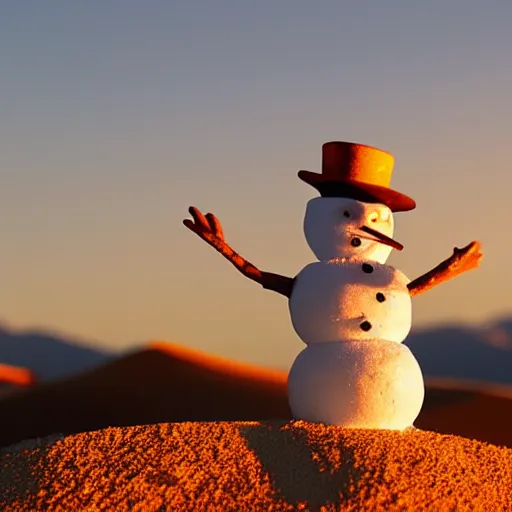Prompt: a snowman is lost in the desert at sunset, he’s next to a sandcastle, beautiful photography, 8k, ambient light