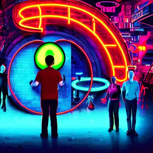 Prompt: a group of people standing around a giant one - eyed mickey mouse, cyberpunk art by david lachapelle, cgsociety, dystopian art by industrial light and magic, netflix neon logo concept art, neons, interior