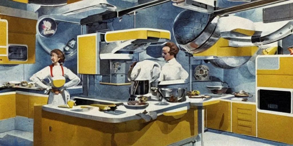 Image similar to soviet retro - futuristic kitchen, space station