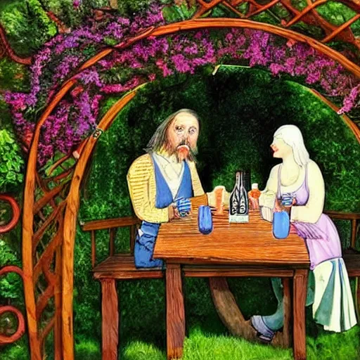 Prompt: man and woman sitting at table in garden. on the table there is beer and wine. the sun shines. folk horror style art. detailed. clematis. arbour