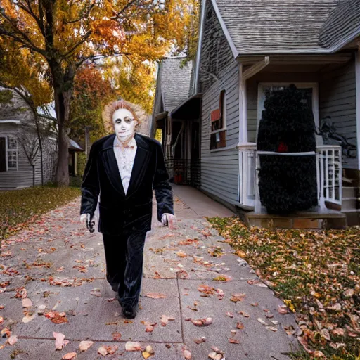 Image similar to christopher walken trick or treating on halloween, ( sony a 7 r iv, symmetric balance, polarizing filter, photolab, lightroom, 4 k, dolby vision, photography awardm, voque, perfect face )