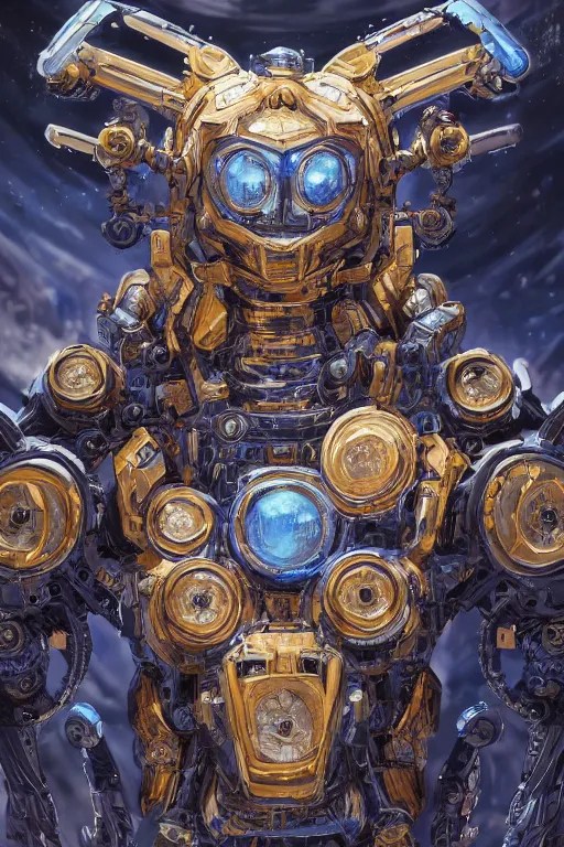 Prompt: a Portrait of a mythical space organic mech, D&D, sci-fi fantasy, intricate, blue and gold, highly detailed , art by Range Murata, rim lighting, highly detailed, 3d, octane render, bright colors, digital painting, trending on artstation, sharp focus, illustration style of Stanley Artgerm,