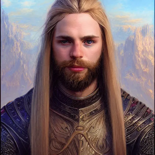 Image similar to 2 7 year old male with blue eyes and long straight blonde hair no beard as a fantasy d & d character, closeup portrait art by donato giancola and greg rutkowski, face, digital art, trending on artstation, symmetry!!